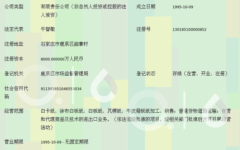 企业注册信息石家庄市曲寨纸业有限公司,1995年10月09日成立,经营范围