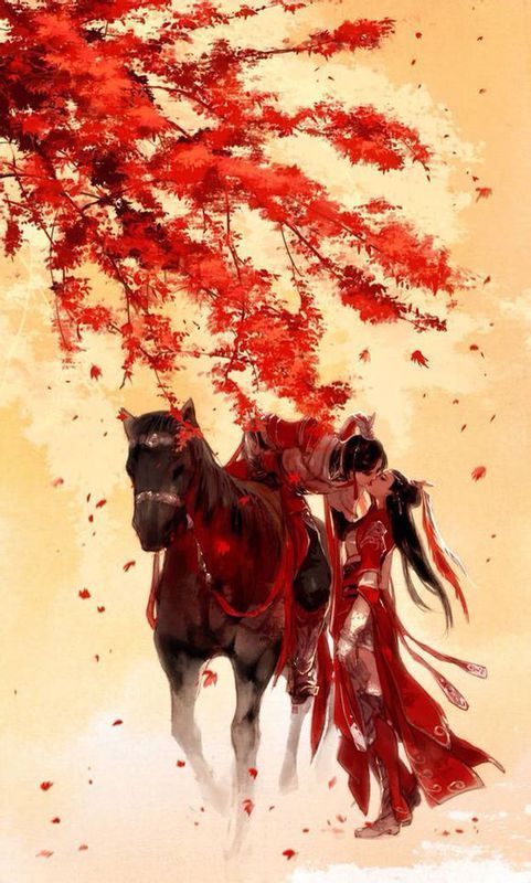 红色枫叶树下,一个骑在马上的红衣男子吻一个站在地上红衣女子,求图
